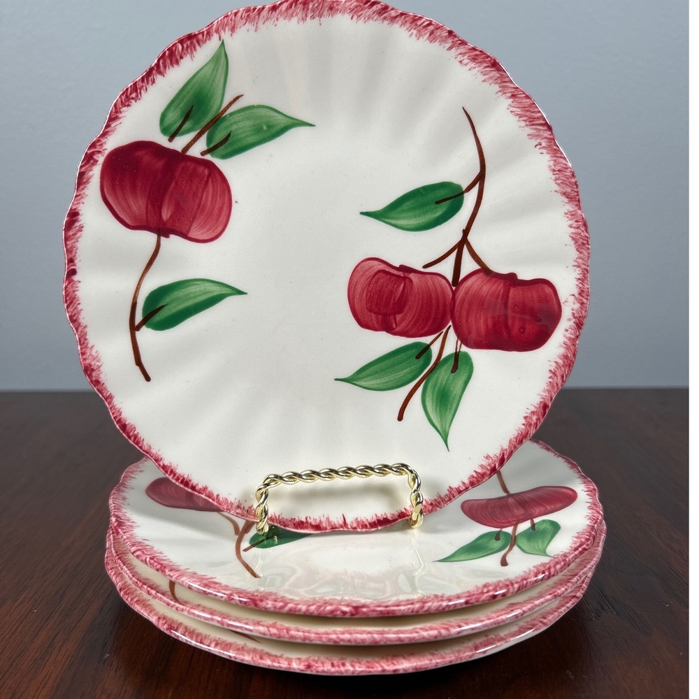 Vintage Blue Ridge Southern Pottery Bread Salad Plates Red Fruit Rustic FOUR